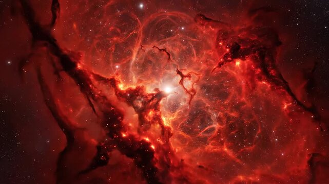 Vivid crimson cosmic clouds swirl with brilliant stellar luminescence creating a breathtaking celestial panorama in the vast expanse of deep space, a mesmerizing representation of galactic