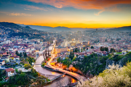 Sarajevo, Bosnia and Herzegovnia Downtown Cityscape at Golden Hour