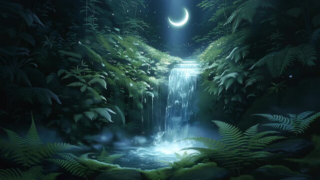 Serene Forest Scene with Tranquil Waterfall Under Crescent Moon Surrounded by Lush Ferns in Misty Atmosphere at Night