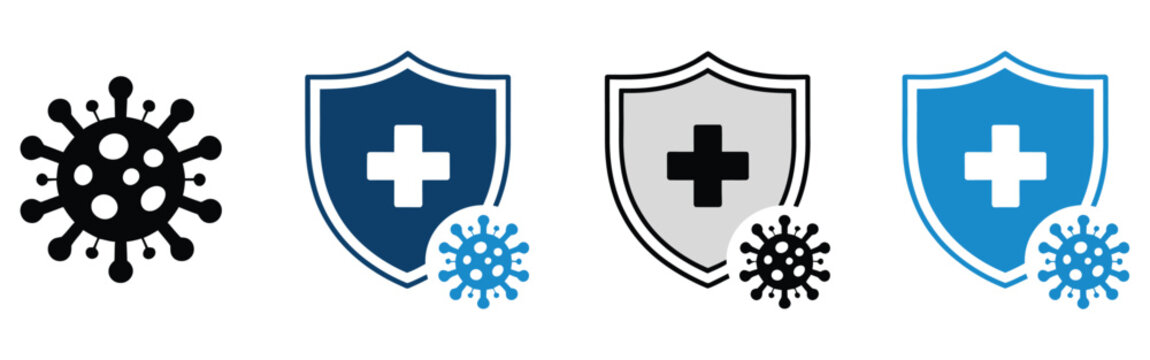 Immune icon sheet, multiple style collection featuring immunity symbols, virus protection and shield elements, health defense and safety concept, modern flat, line, outline, and glyph vector