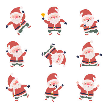 Dancing santa claus. Funny santa different active poses, disco dance characters. Fun winter christmas time, holidays seasonal and new year, nowaday vector set
