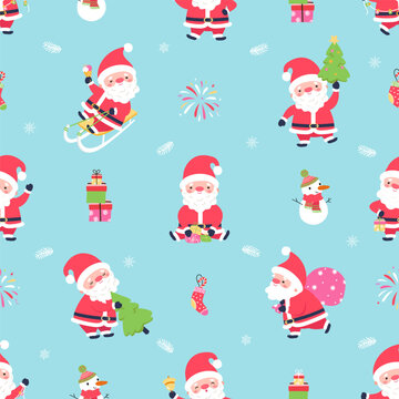 Santa claus seamless pattern. New year christmas characters, santa in different poses. Fun winter holidays print for wrapping, fabric, wallpaper, nowaday vector set