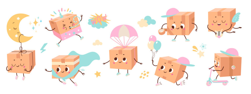 Cardboard boxes characters. Funny post box, cardboard pack different situations. Parcels fast delivery, logistic service, nowaday vector clipart