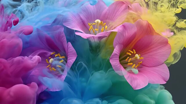 Vibrant swirls of ink spread through clear water, enveloping beautiful flowers. The abstract and colorful fluid motion creates a mesmerizing effect ai generated