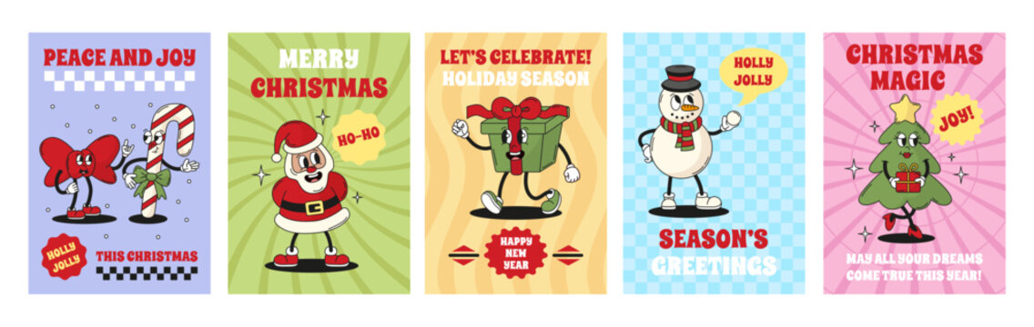 Groovy characters christmas cards. Funny retro style banners, new year wishes, winter holiday celebrate. Santa, snowman, xmas tree neoteric vector templates