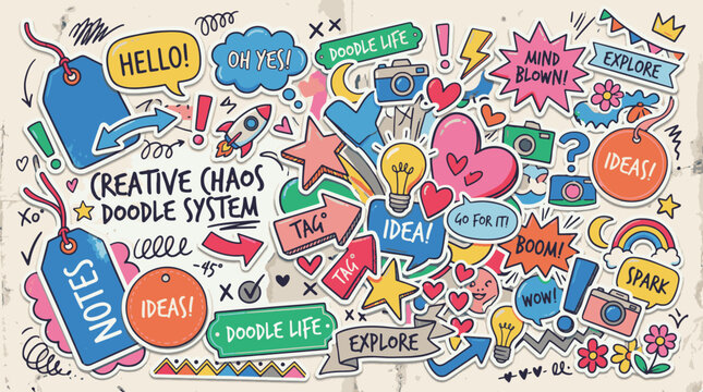 Creative Chaos Doodle System Vector Illustration with Hand Drawn Elements, Icons, and Speech Bubbles in Pop Art Style