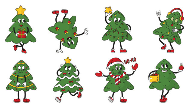 Xmas tree funny characters. Groovy fir trees with decorations, christmas symbols. Isolated new year decoration with balls and garlands, neoteric vector set