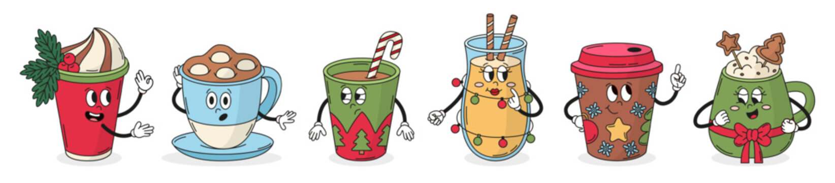 Christmas drinks characters. Seasonal groovy style hot beverages. Cappuccino, latte with cream, mochaccino, take away coffee, neoteric vector set