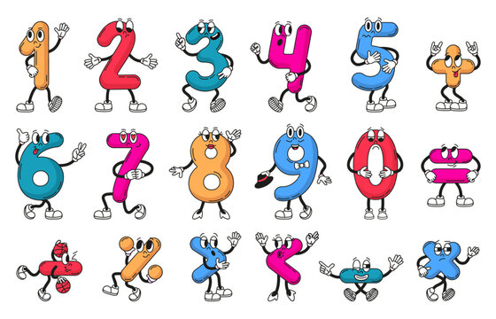 Groovy numbers characters. Mathematics symbols and number. Counting teaching for kids, funny retro style mascots. School, preschool neoteric vector set
