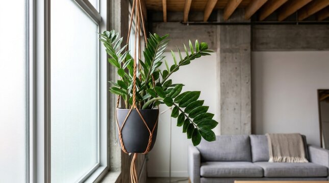 Vibrant ZZ Plant Hanging Indoors With Glossy Dark Green Waxy Leaves in a Macrame Pot Holder Near a Window