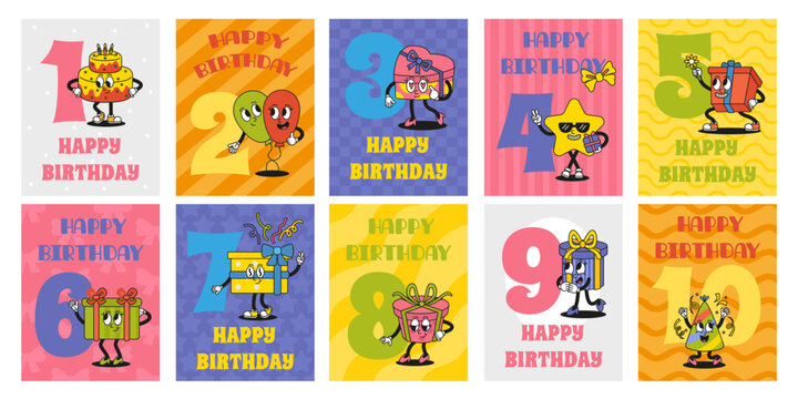 Groovy birthday characters cards. Children month or years count from 1 to 10. Funny cake, balloons, gift box. Celebrating printable banners, neoteric vector design