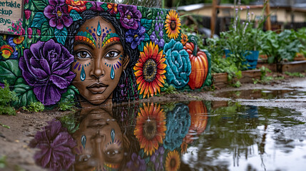 Obraz premium Hand painted signage on a community garden wall in a food desert neighborhood listing free vegetable pickup days, rain soaked streets reflecting the mural colors, ideal for food desert communities, 