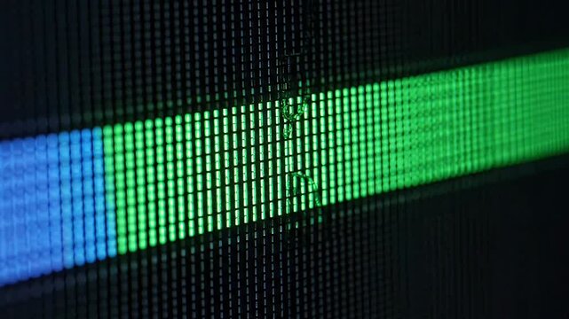 An extreme close up shows the red, green, and blue subpixels of a screen. The glowing geometric structure of the display technology is visible ai generated