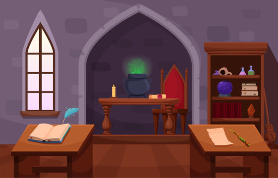 Magic school classroom interior. Magician college in old castle. Teacher stool with red velvet, wizard and witch academia. Fantasy sapid vector scene