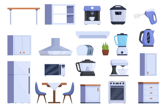 Cartoon kitchen furniture. Dinner room interior elements, table with chairs, cabinets, small electric appliances. Household, home design sapid vector set