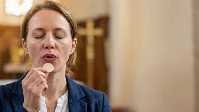 Woman receiving Holy Communion in church. Profile of female praying with eyes closed before Eucharist.
