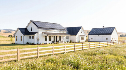 Fototapeta premium Modern white house with solar panels on roof and wooden fence in rural area with green grass and wildflowers