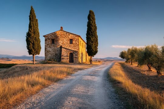 Pastoral landscape in Val d'Orcia: solitary farmhouse surrounded by cypress rows and sunlit olive groves