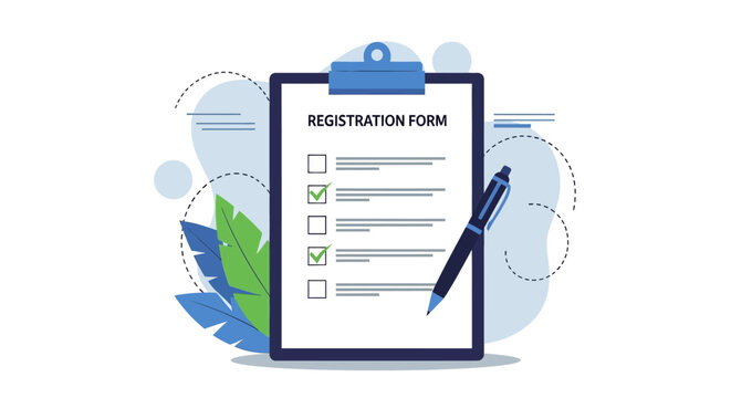 Clipboard with Registration Form and Pen Illustration.
