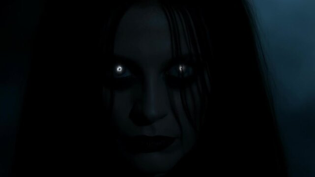 Static shot of creepy animated female face with glowing white eyes emerging from darkness in horror atmosphere