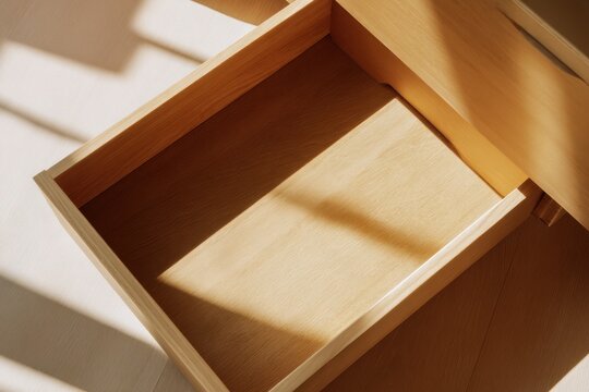 Photographic close-up of a daylight-lit wooden drawer interior, open and empty