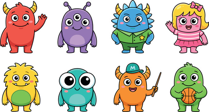 Adorable colorful cartoon monster characters collection with cute expressions and fun designs perfect for kids vector illustration set