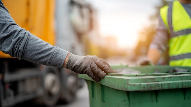 Close-up of worker placing waste into green trash bin