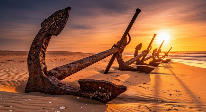 Old Rusty Anchors on a Sandy Beach at Sunset, Maritime Heritage and Coastal Scenery
