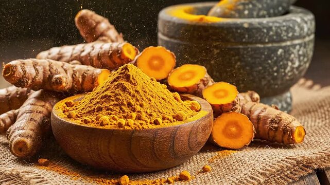 Fresh turmeric powder falling into a small wooden bowl with roots on a rustic burlap surface.