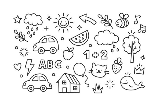 Handdrawn doodle set for children featuring cars nature and learning elements