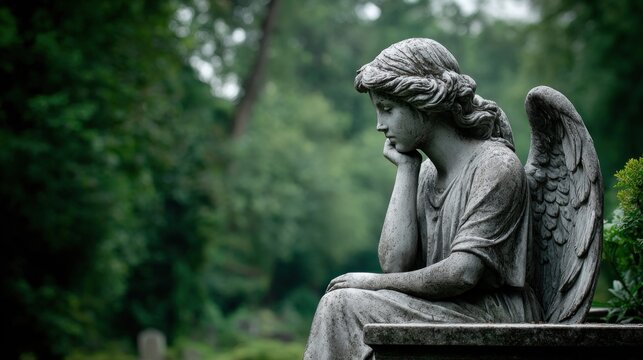 Melancholy angel statue contemplates in a serene, green cemetery setting
