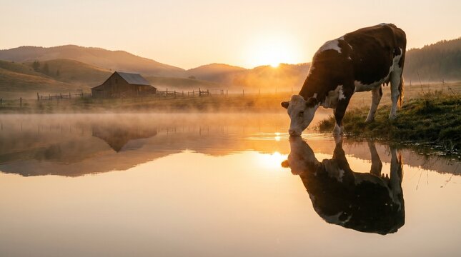 Majestic brown and white cow drinking from misty lake during golden sunrise over rolling countryside hills with old wooden barn in hazy background.