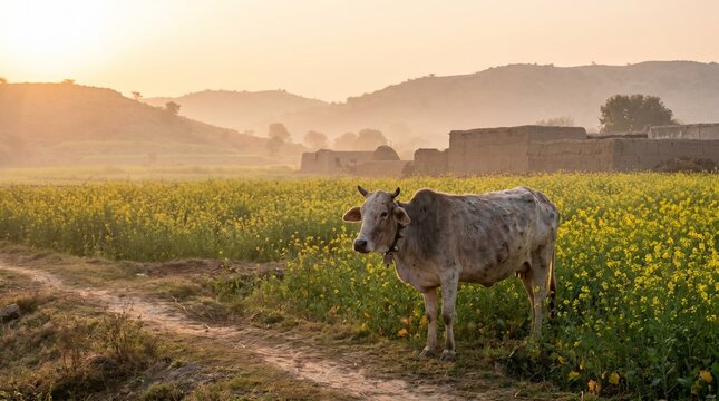 A domestic cow stands attentively in a vibrant yellow mustard field with traditional village houses and hazy hills in the background during morning.