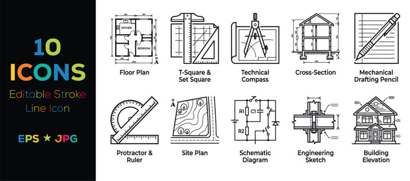 Set of ten architectural drafting tool icons