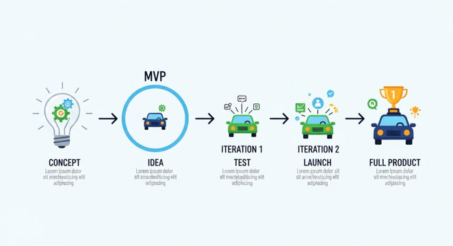 Product Development Process Flowchart with Car Illustration.