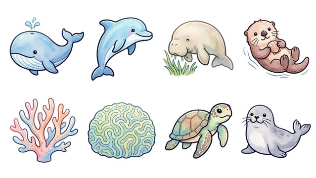 A Collection set of Under the Sea Animal and Coral design featuring cartoon sea animals including a cute whale, octopus, turtle, Jelly Fish, Brain Coral, ocean life vector design for Kid	
