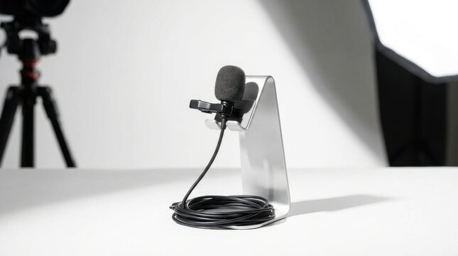Close-up of a black lavalier microphone with a foam windscreen clipped to a silver holder, coiled wire neatly presented