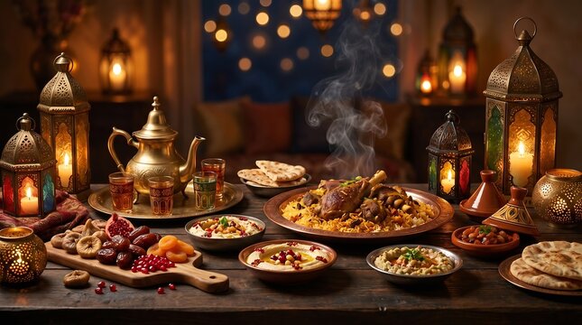 Traditional Eid-ul-Adha Dinner Table with Islamic Lanterns and Festive Food Spread