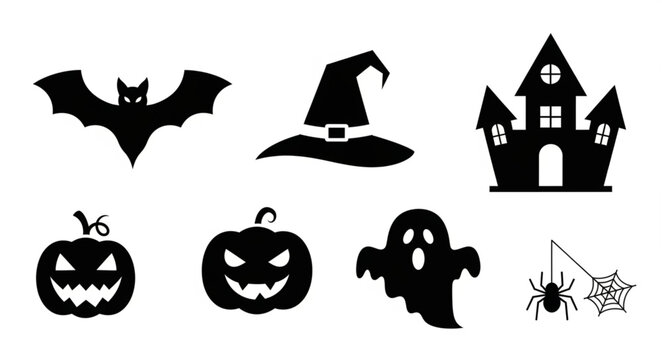Halloween icons set silhouette bat pumpkin ghost witch hat haunted house spider web.
