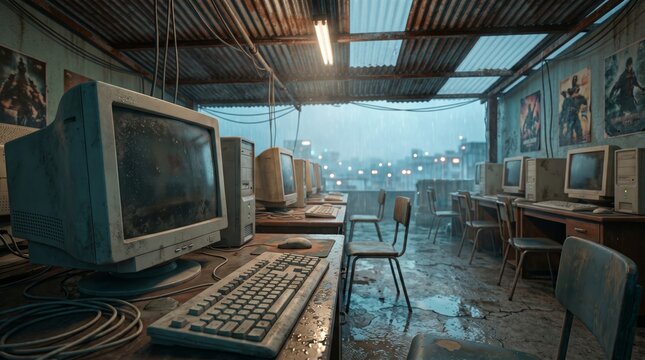Abandoned computer lab with old monitors and keyboards