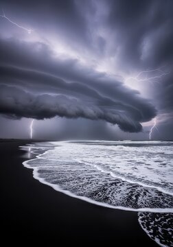 Dramatic Lightning Storm over Black Sand Beach with Powerful Shelf Clouds and Crashing Oce