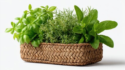 Naklejka premium Fresh Green Herbs Basil Thyme Mint Rosemary In Woven Basket White Background Studio Shot