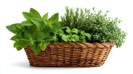 Naklejka premium Fresh Green Herbs Mint and Thyme In Woven Basket Studio Lighting Isolated White Background