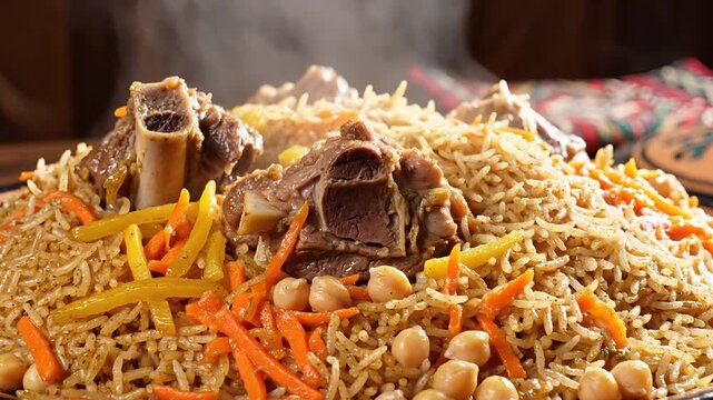 Delicious Kabuli Pulao with Lamb Chops and Steaming Rice.