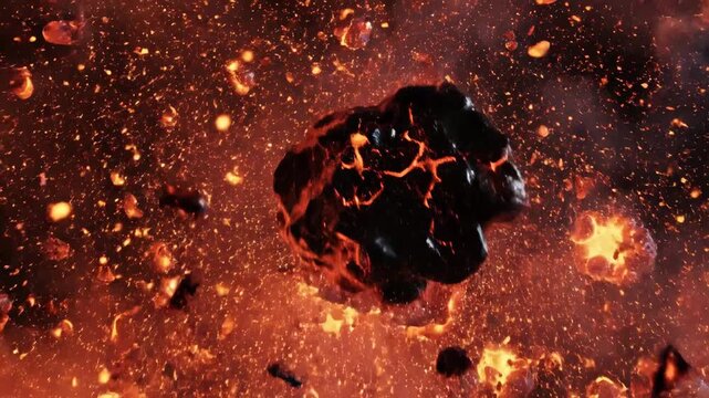 Fiery cosmic catastrophe unfolds as a large, incandescent asteroid fragments amidst a blazing inferno, scattering glowing debris and molten rock throughout the vast expanse of celestial space