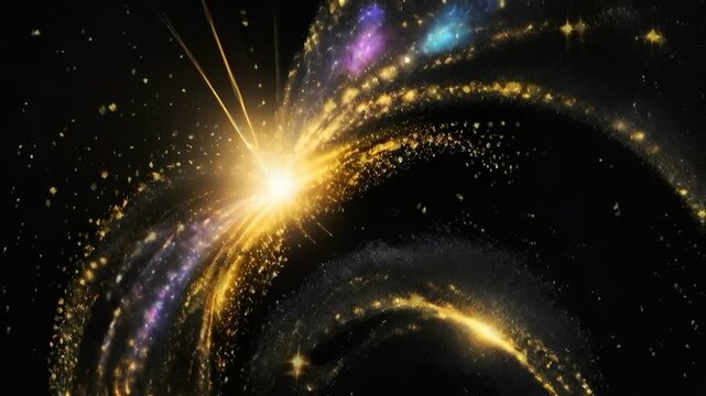 Dynamic explosion of golden stardust and light in deep space. Abstract cosmic background with bright starburst, glowing particles, and spiral galaxy trails