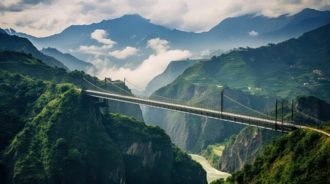 Spectacular suspension bridge spanning a deep green valley with river below.