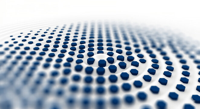 A computer-generated abstract pattern of dark blue hexagonal objects arranged on a white wavy surface, creating a visual effect of ripple expansion with focused and blurred areas