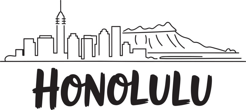 Honolulu city skyline featuring diamond head mountain and famous buildings in outline minimalist