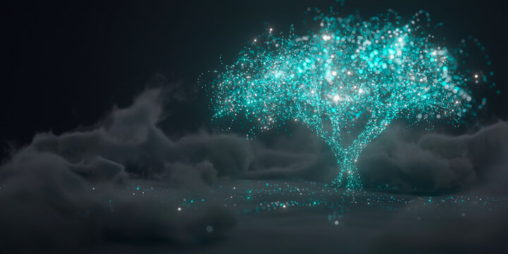 A digital rendering presents an abstract tree structure formed from numerous bright, particulate lights, emerging from a dark, hazy environment with wisps of cloud-like formations